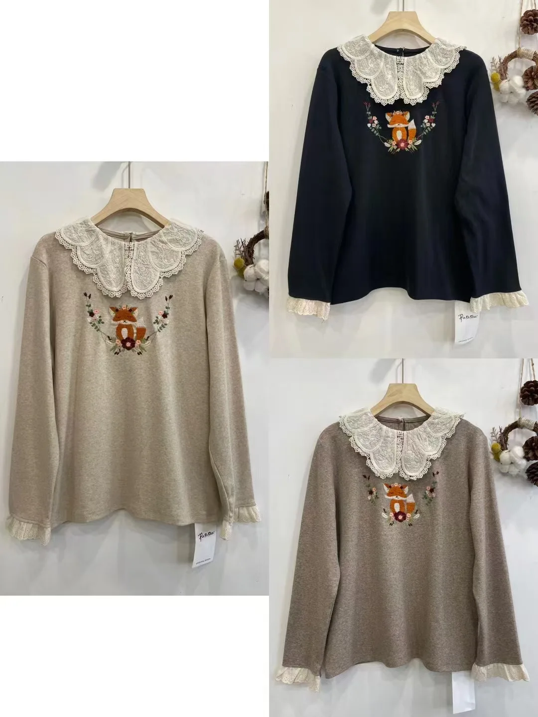 

Высокое качество, осенняя мода, кружевные блузки, рубашка с воротником Питера Пэна и вышивкой лисы, женская хлопковая базовая блузка с длинным рукавом, рубашка