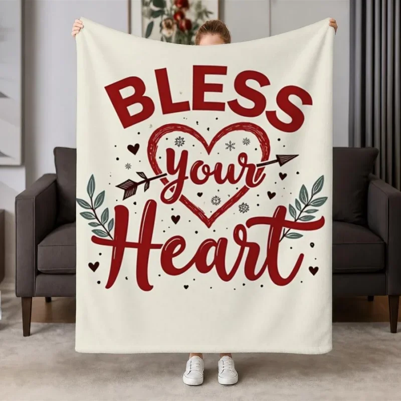 Bless Your Heart Red Letter Heart Arrow Farmhouse Flannel Throw Blanket, Inspirational Quote Wording Blanket for Gift Sofa Decor