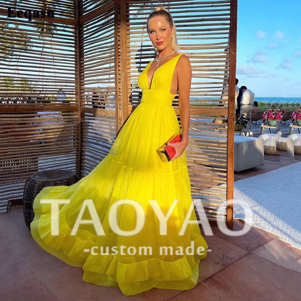 

Yellow Chiffon Long Evening Dresses V-Neck Customized Floor Length Party Dress Formal Prom Gowns For Women vestidos de noche