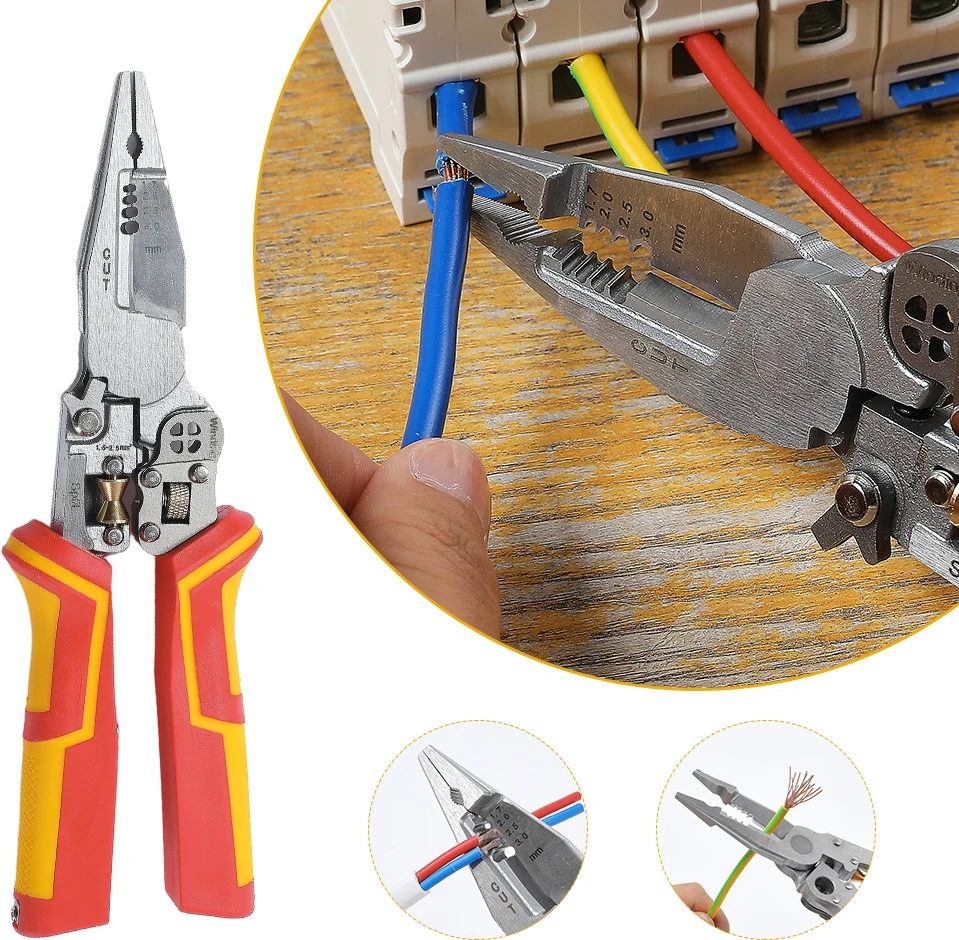 

8-в-1 универсальные плоскогубцы для зачистки проводов, обжимные клещи, тестер напряжения для электриков, ножницы для резки кабеля, измерение электричества