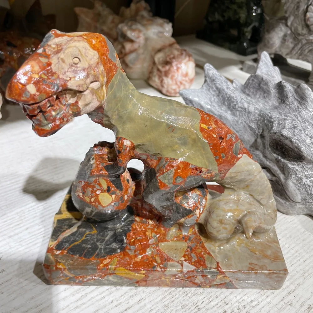Multi Color Breccia Stone T-Rex Statue Tyrannosaurus Rex Dinosaur Egg Sculpture Prehistoric Animal Craft Home Decoration Gift