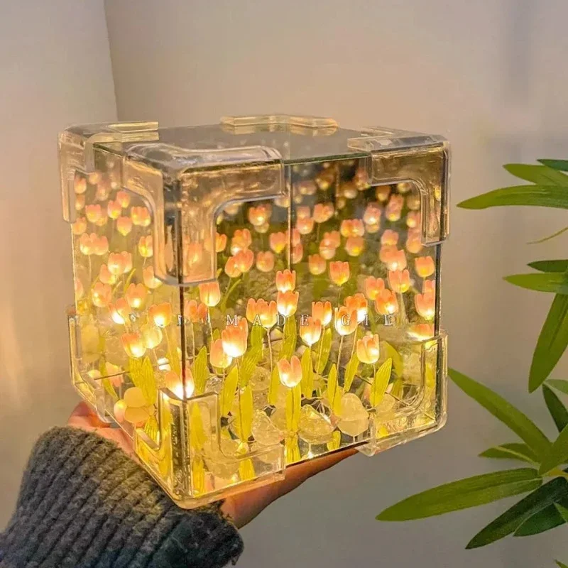 

Tulip Nightlight Handmade DIY Material Cube Tulip Mirror Bedroom Decor Atmosphere Lamp Valentine's Day Birthday Gift