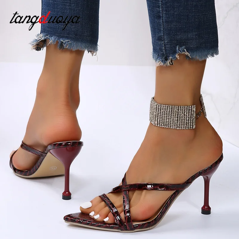 New 2024 Women's Slippers Snake Print Pointy slender heels Sandals Summer Thin High-Heeled Shoes Sexy Pumps Plus size 42