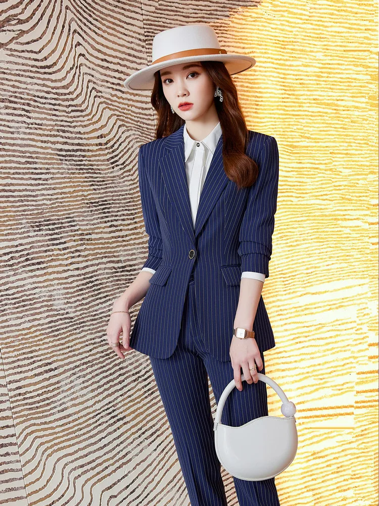 Damen weiß gestreifte Hosen Anzug Sets schwarzer Blazer und Hose weibliches Business Outfit Frühling Herbst neu 2 Stück Sets