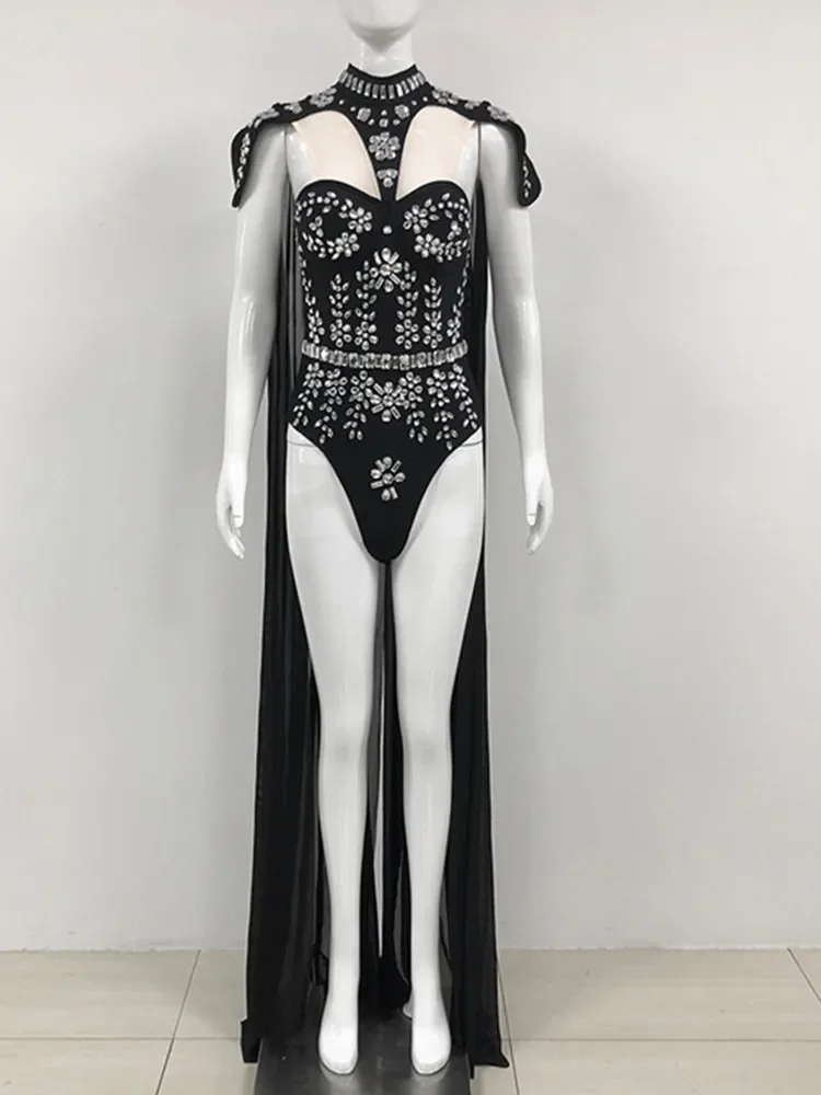 Women Sparkly Rhinestones Bodysuit Black Mesh Cloak Outfit Evening Party Nightclub Singer Dancer Costume Stage Show Costume