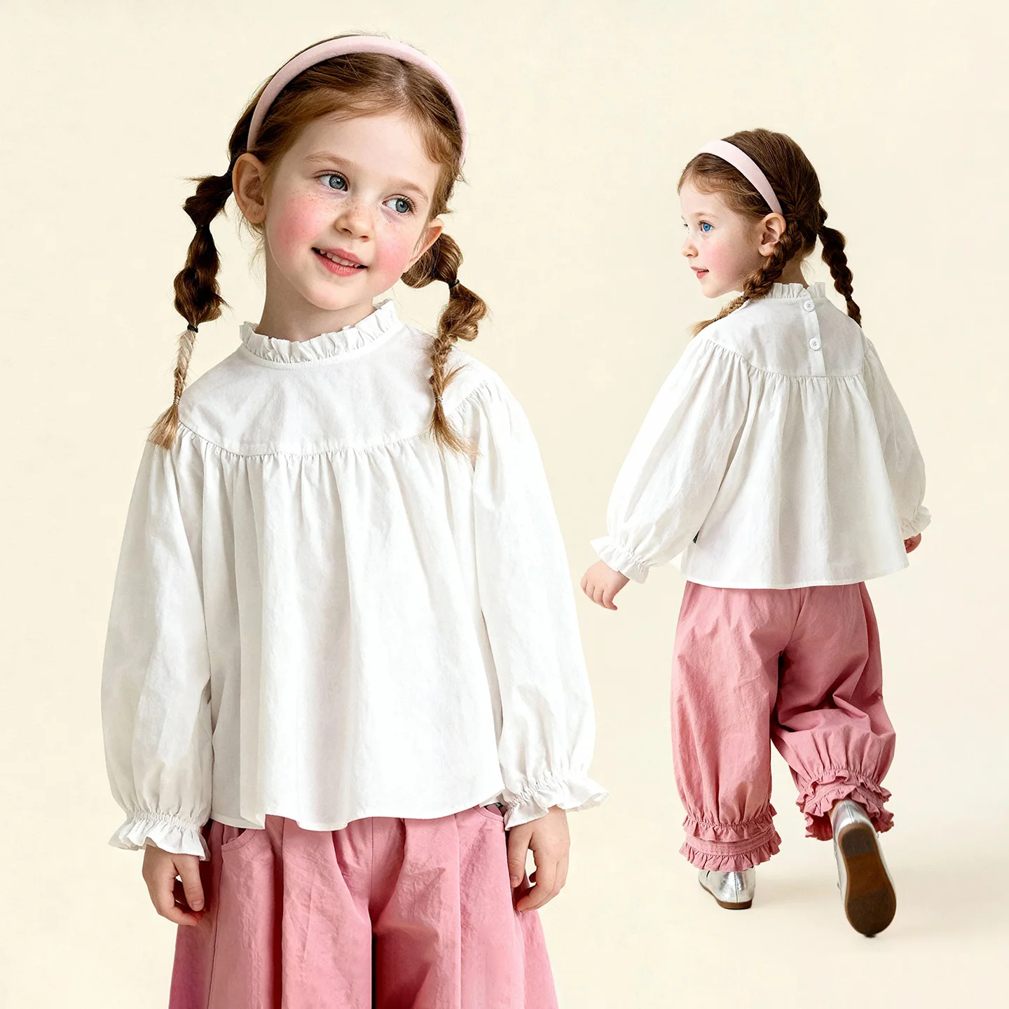 Amila 2026 Spring Girls' White Long Sleeved Shirt With Ruffle Collar Sweet Loose Comfortable Children's Clothing Top