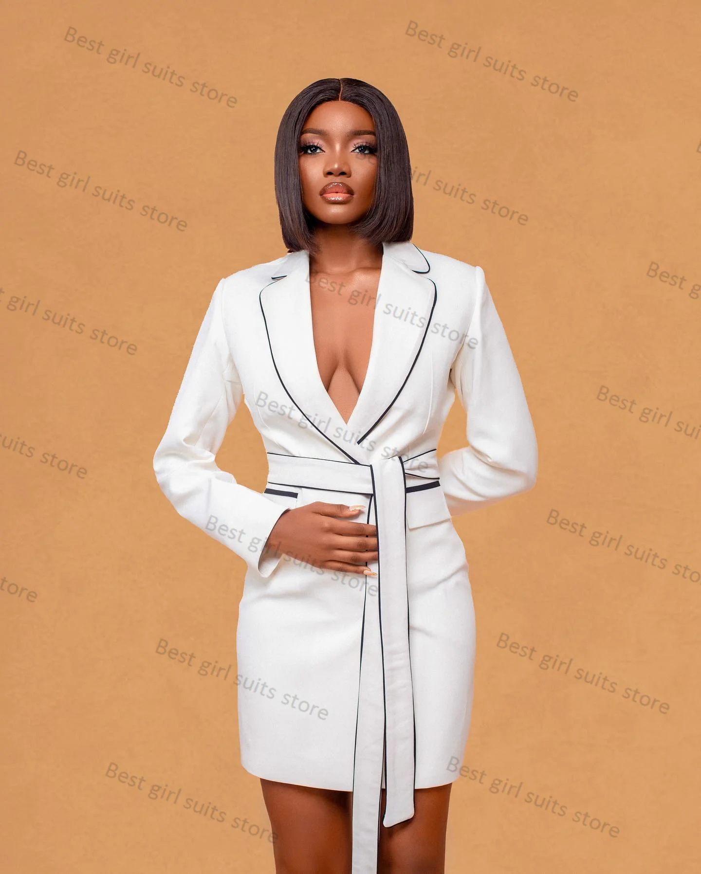 Elegant White Women Suit 1 Piece Long Blazer With Belt Formal Office Lady Jacket Wedding Tuxedos Guest Coat Tailored Short Robes