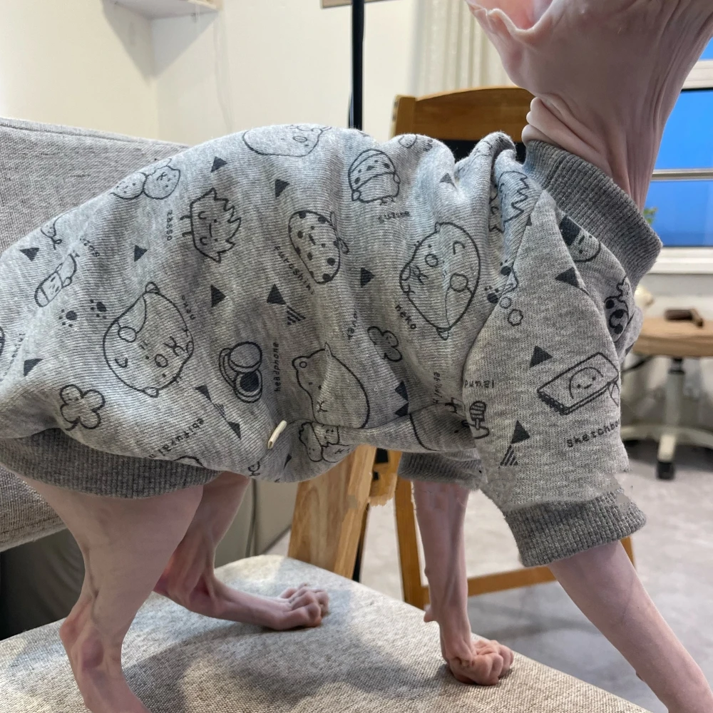 Warm Coat for Sphynx Cat in Winter Soft Grey Cartoon Sweatshirt for Kittens Dogs Cute Jumpsuit Spring for Devon Rex Cat Supplies