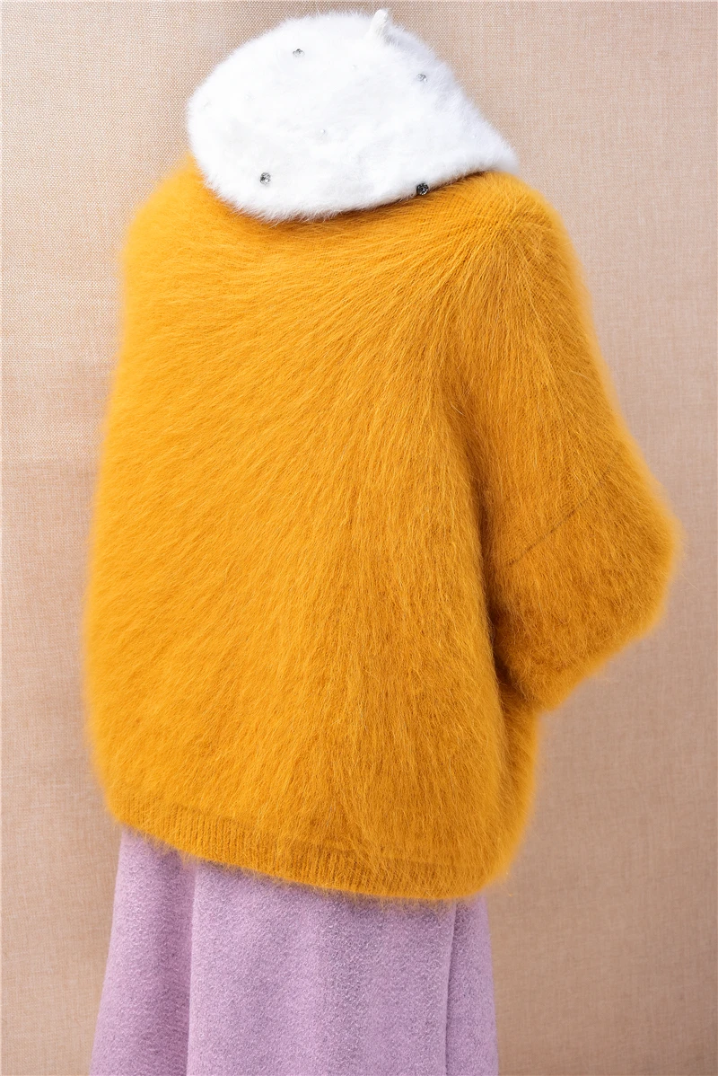 สุภาพสตรีผู้หญิงฤดูใบไม้ร่วงฤดูหนาวเสื้อผ้า Hairy Mink Cashmere ถักยาวโคมไฟแขน V คอหลวม Cardigans Mantle เสื้อกันหนาว Coat