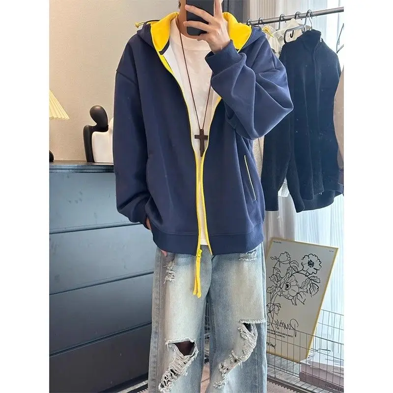 

Cobalt Blue Hooded Open Cardigan Sweatirt Men's Sle Heavyweight Hardwearing Color Blo Jaet American Retro Spring Autumn