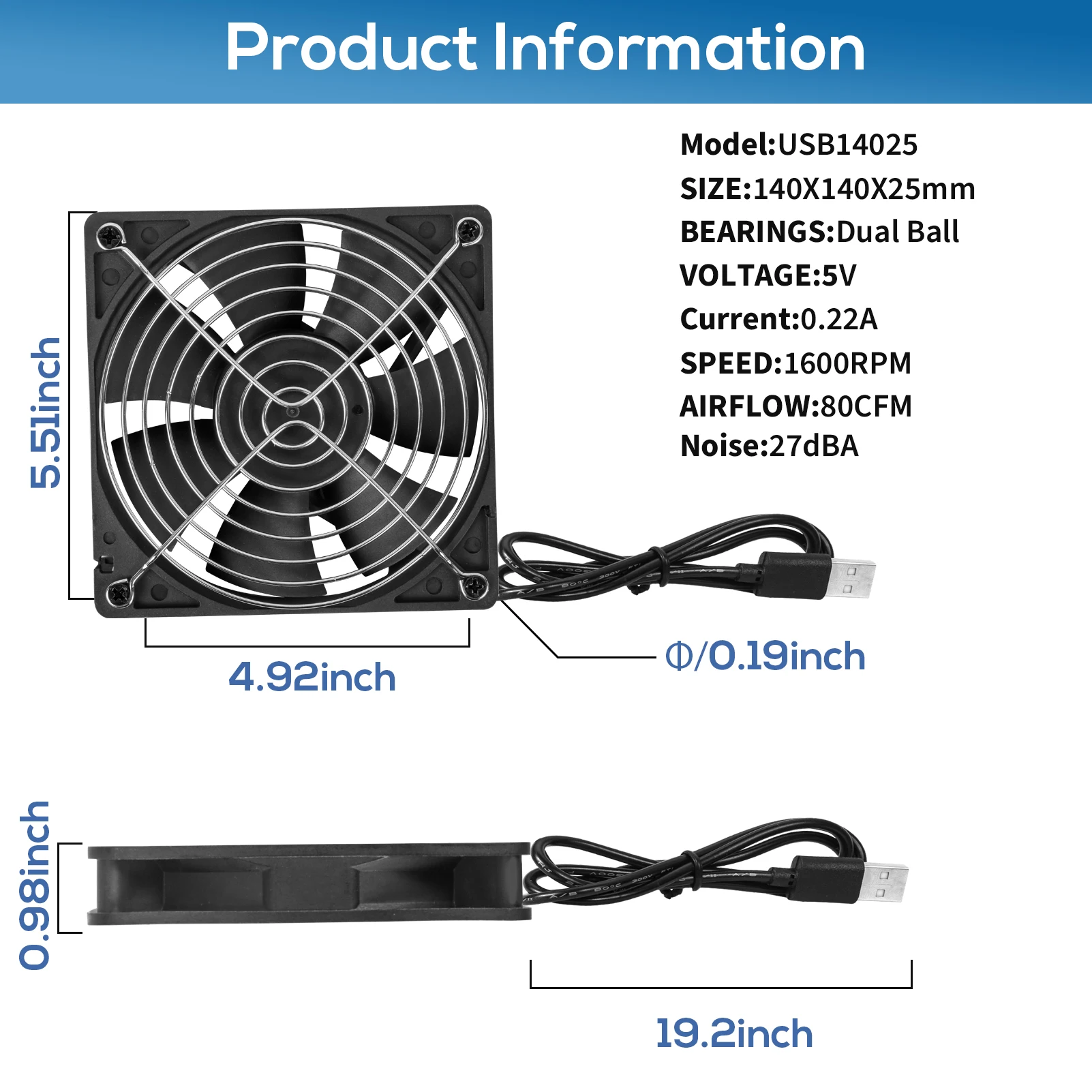 USB Fan 14cm 140mm DC 5V PC Computer Case Laptop Desktop CPU Cooling for Playstation Gaming 140x140x25mm Ball Bearing