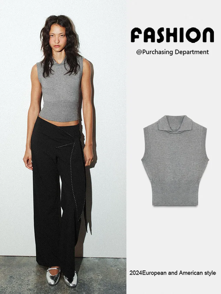 

Winter New Women's Simple Collar Knitted Vest Top ort Sle European Faion Girl's ort Length Overhead Wear