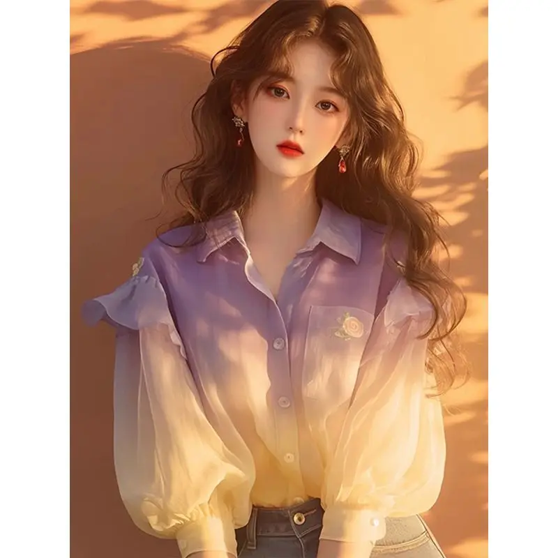 Chiffon Blouse Women's Autumn New Fashion Unique And Chic Bubble Sleeve Gradient Color-blocked Top