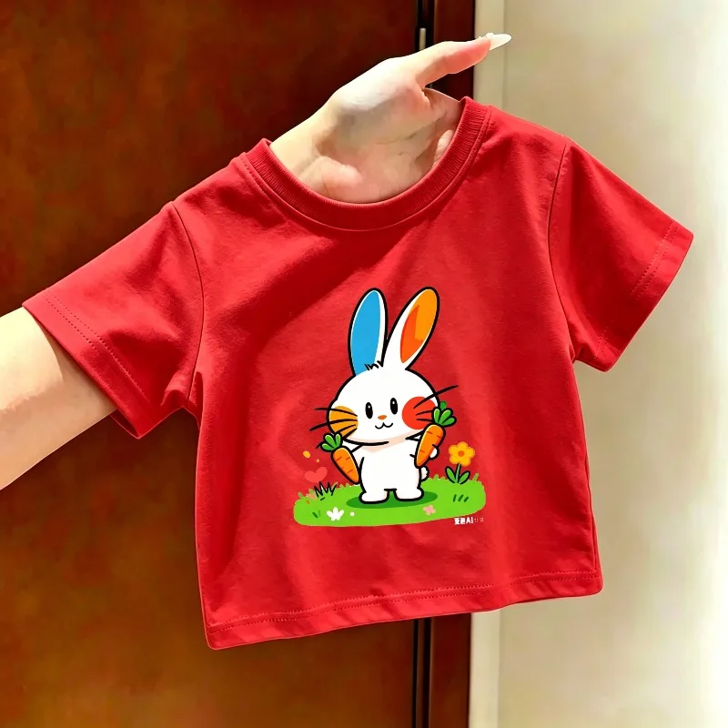 Cartoon Rabbit Casual Printed Children's T-shirt Summer New Fashion Trend Soft Skin Friendly Round Neck Parent Child T-shirt