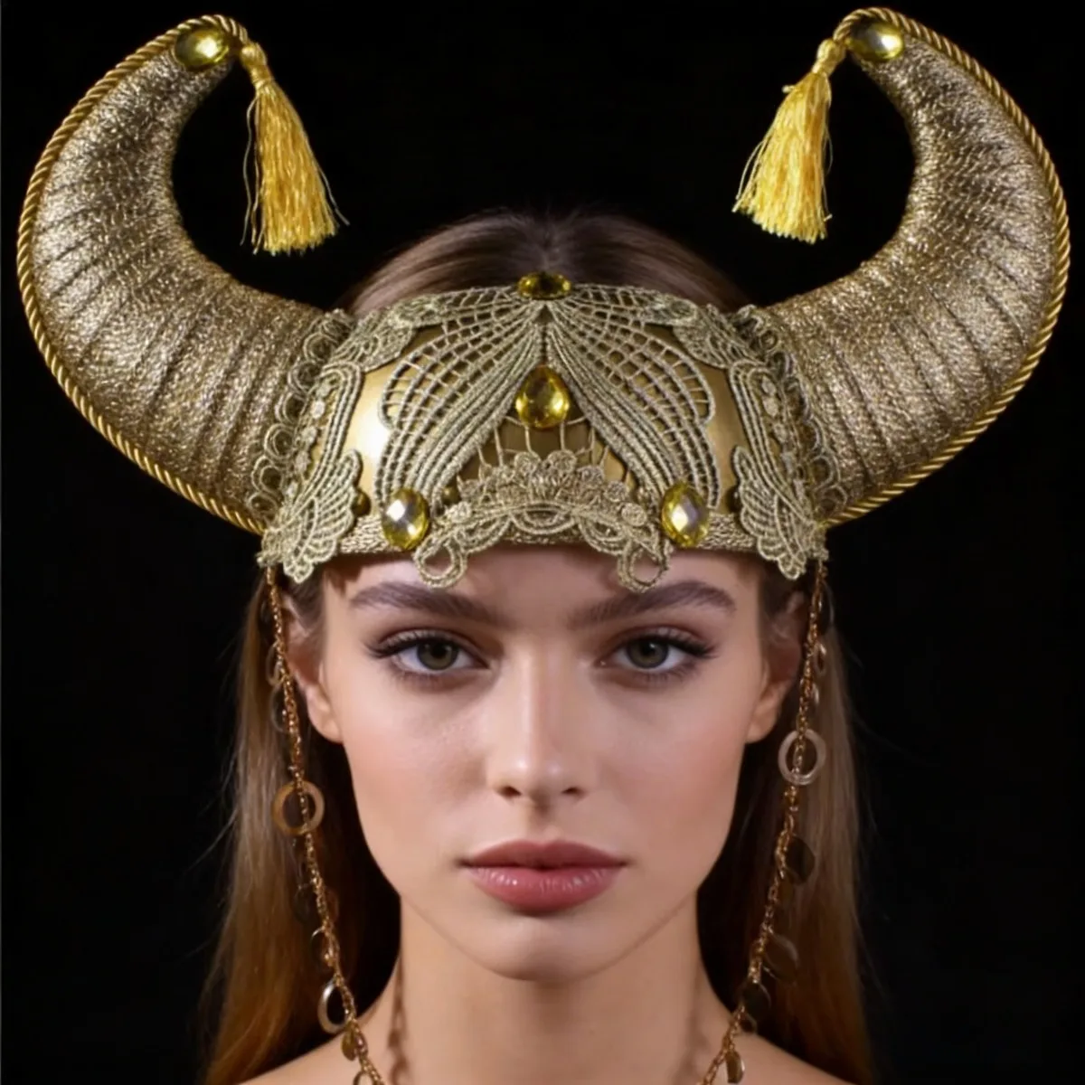 

Golden Punk Bull Horn Headpiece Exaggerated Gothic Headdress for DJ Stage Performance Halloween Cosplay Party Costume Accessory