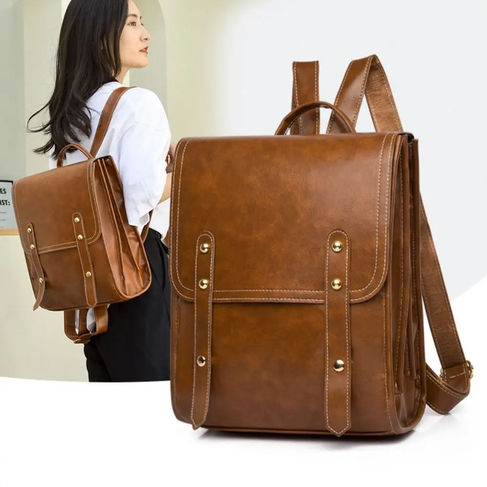 Vegan Leather Backpack Vintage Laptop Bookbag for Women Men, Brown Faux Leather Backpack Purse Bookbag Weekend Travel Daypack