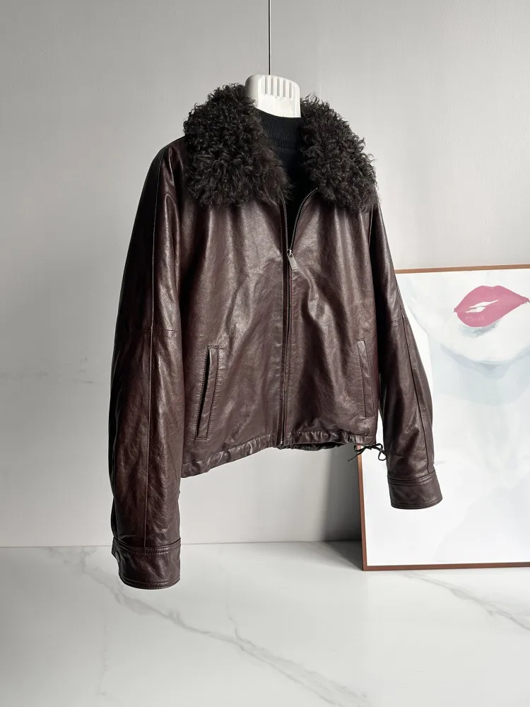 Vintage femmes veste en cuir véritable col en laine chaud vêtements d'extérieur décontractés coupe ample fermeture éclair Streetwear hiver huile cire manteau en peau de mouton
