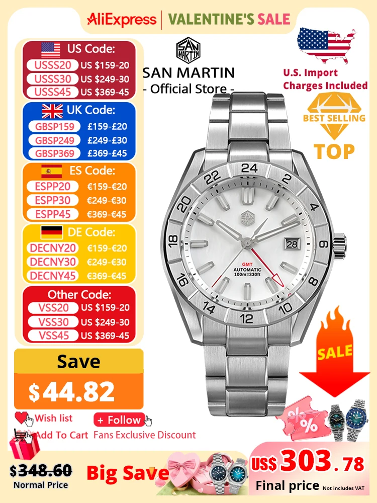 

San Martin 42 мм швабра циферблат мужские роскошные часы деловые деловые часы NH34 GMT автоматические механические сапфировые светящиеся 10 бар SN0130