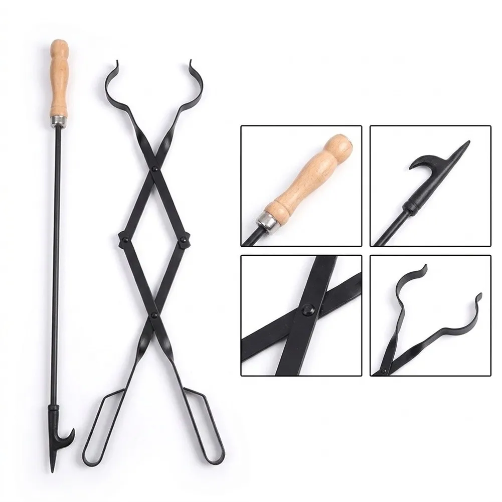 Fireplace Poker with For Tongs For Set for Log Positioning and Fuel Addition 45x15x5cm Black Alloy Construction