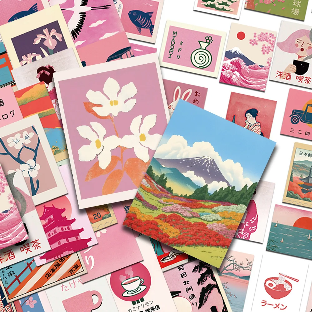 

50Pcs Pink Japanese Retro Aesthetic Stickers Decals For Laptop Bottle Scrapbook Suitcase Wall DIY Creative Waterproof Stickers