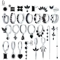 925 Sterling Silver Ear Buckles Fashion Hoop Earrings Black Crystal Pendant Silver Earrings High Quality Women's Jewelry Gifts