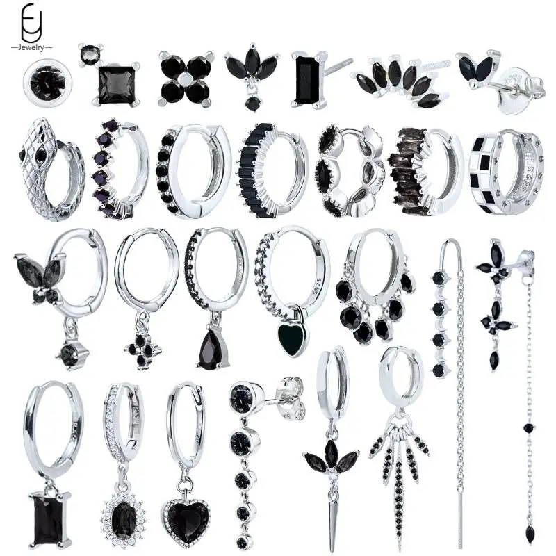 925 Sterling Silver Ear Buckles Fashion Hoop Earrings Black Crystal Pendant Silver Earrings Wysokiej jakości biżuteria damska Prezenty