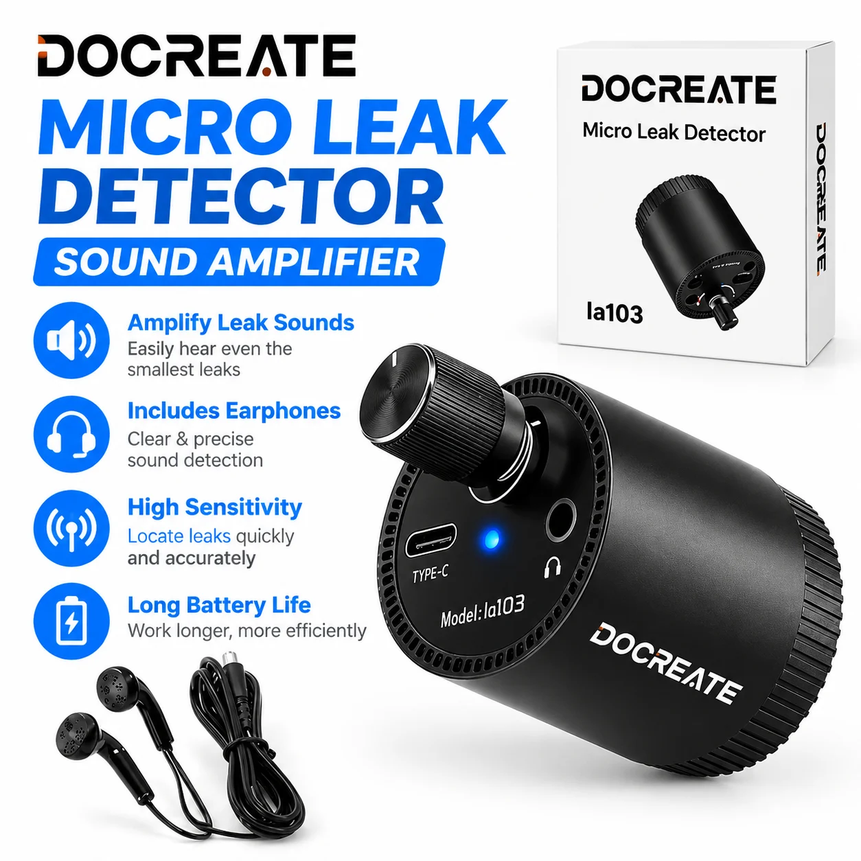 Docreate-838 Portable Leak Detector, 13000X Sound Amplifier Electronic Stethoscope with High Sensitivity Sensor Rechargeable