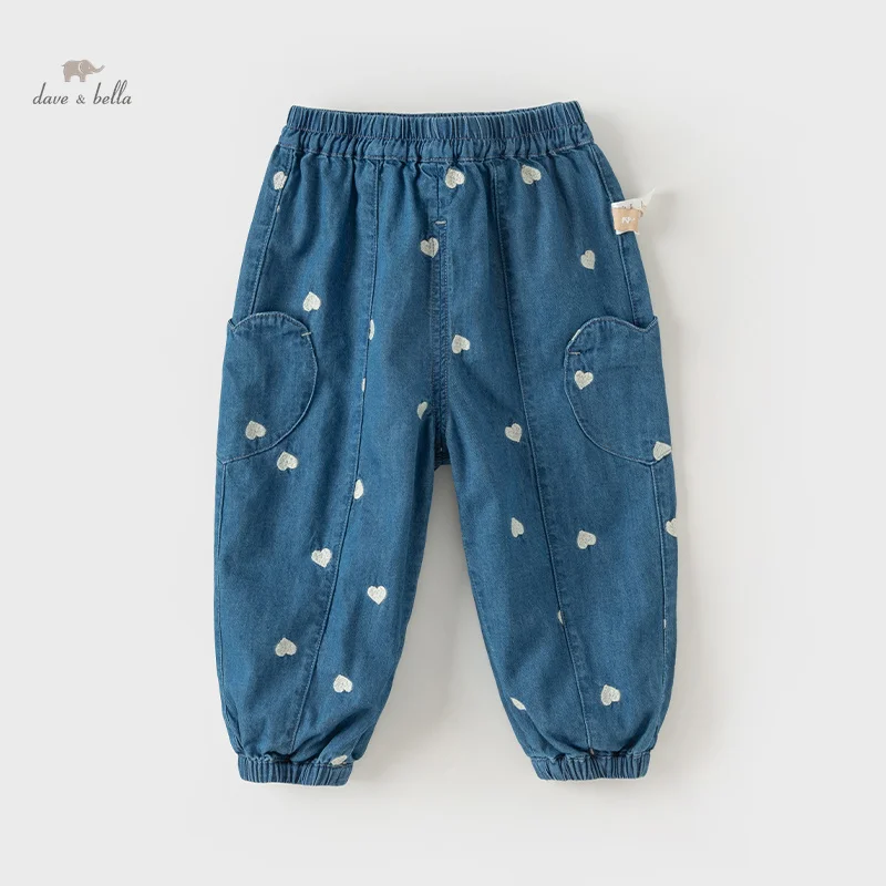 Dave Bella Kids Jeans Girls Spring New 2024 Loose Pants for Children Kids Casual Love Print Denim Blue Trousers DB1248605