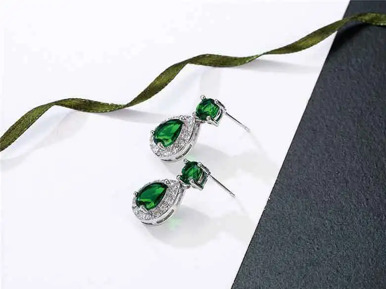 S925 Sterling Silver Earrings Hot Sale Fashion Diamond Emerald Stud Droplet