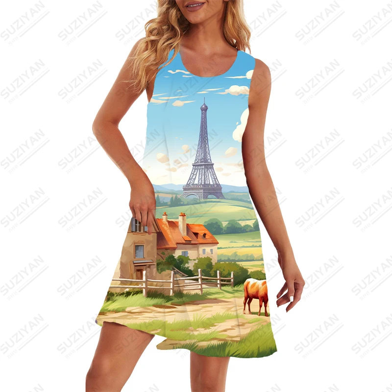 Outdoor Loose Leisure Dress Fashion Versatile Dress Summer Cool Large -size Round Neck Dress Scenery 3D Printed Dress