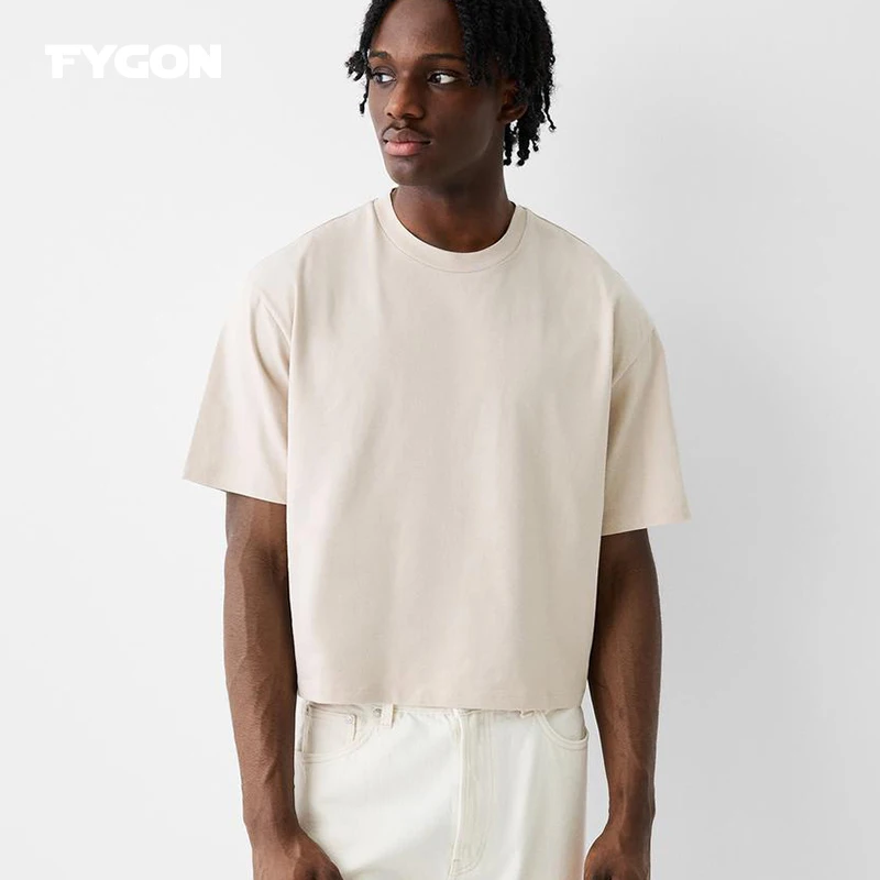 Fygon 2025 Summer Boxy Fit Cropped 100% Cotton T-shirts Oversized O-neck Solid Color Basic Short Sleeves Street Design Tops