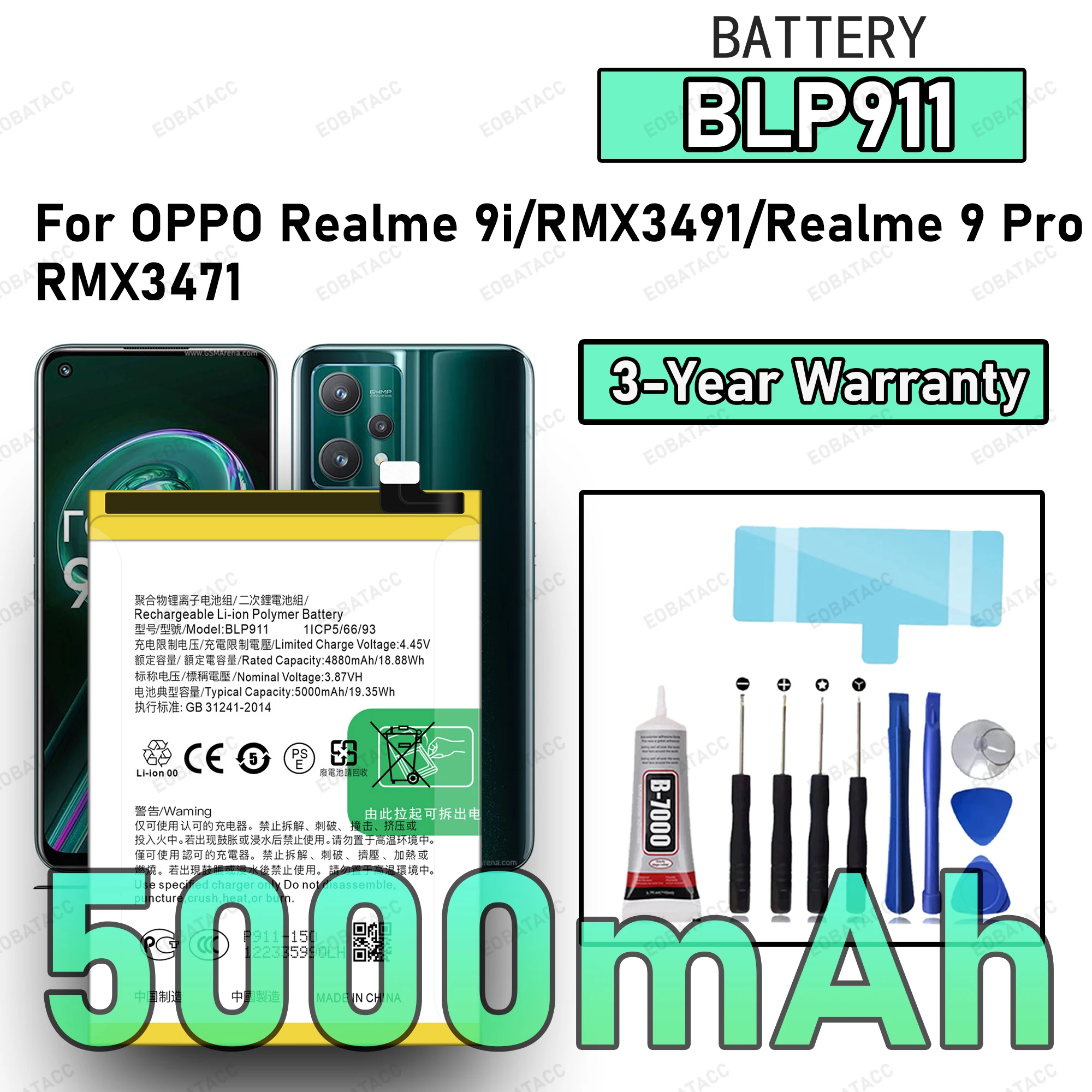 بطارية BLP911 جديدة عالية الجودة لعام 100% لهاتف OPPO Realme 9i/RMX3491/Realme 9 Pro/RMX3471 بطارية بديلة Bateria + أدوات مجانية