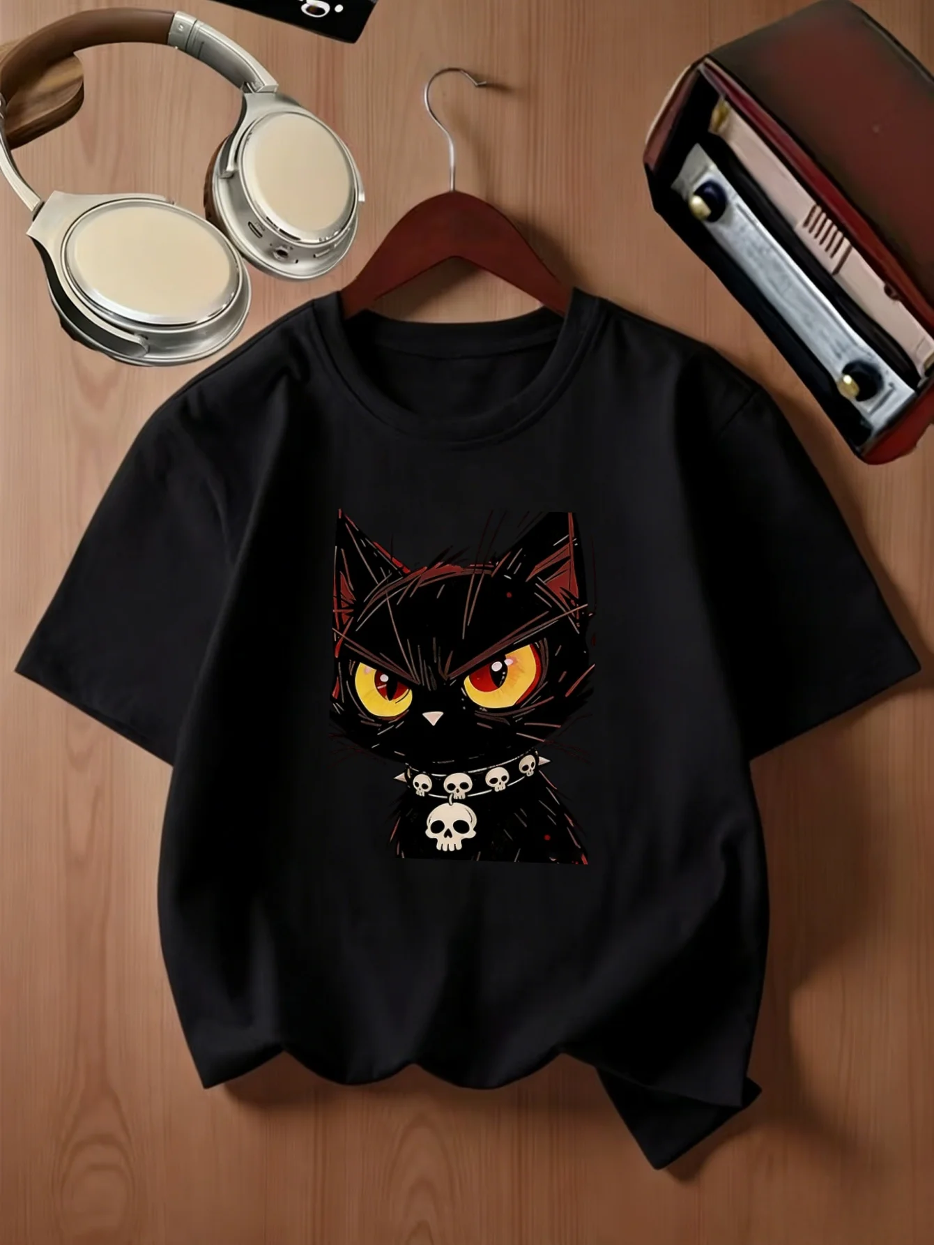 Punk Black Cat Skull Collar Cartoon Graphic Kids T Shirt Boys Girls Family Matching Parent Child Summer Crew Neck Casual Tee