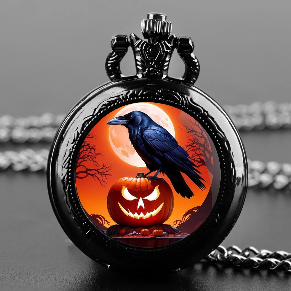 Montre de Poche à Quartz Créative en Verre d'Oiseau pour Homme, Horloge Vintage avec Collier, Cadeau d'Halloween