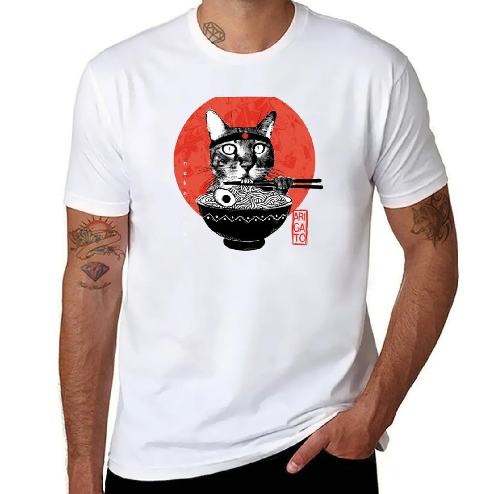 

Neko Ramen - Arigato, grey background T-Shirt t shirts cotton 100% funny t shirts man T-Shirt