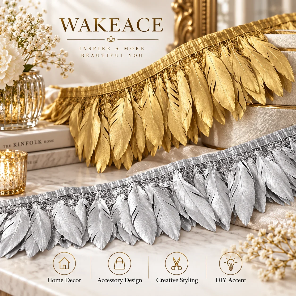 2M Gold Silver Goose Feather Trim Fringe Ribbon for Dress Costume DIY Clothing Sewing Wedding Party Decoration