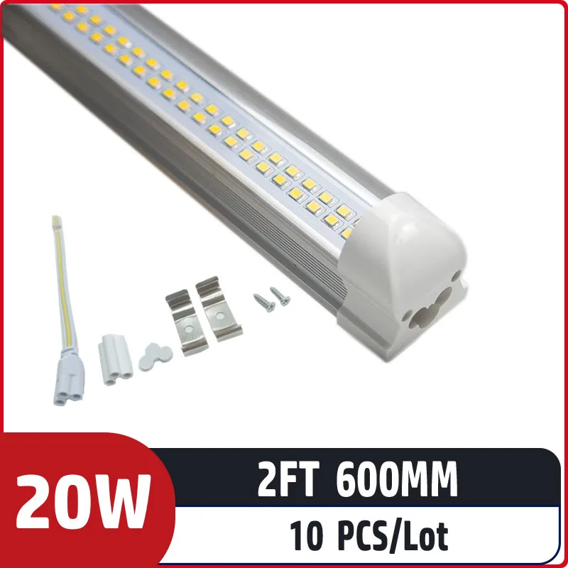 

10pcs/lot 2ft 600mm 20w AC85-265V input Led Fluorescent lamp For Home Lighting double row chip T8 integrated led tube