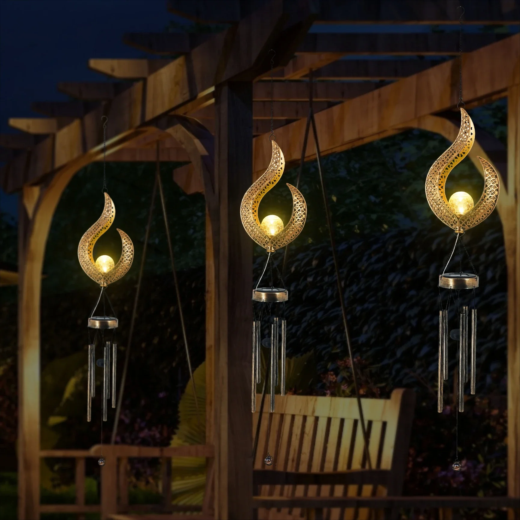 Solar Iron Wind Chime Lamp Solar Wind Chime Moon Pentagram Wind Chime Hollow Courtyard Light