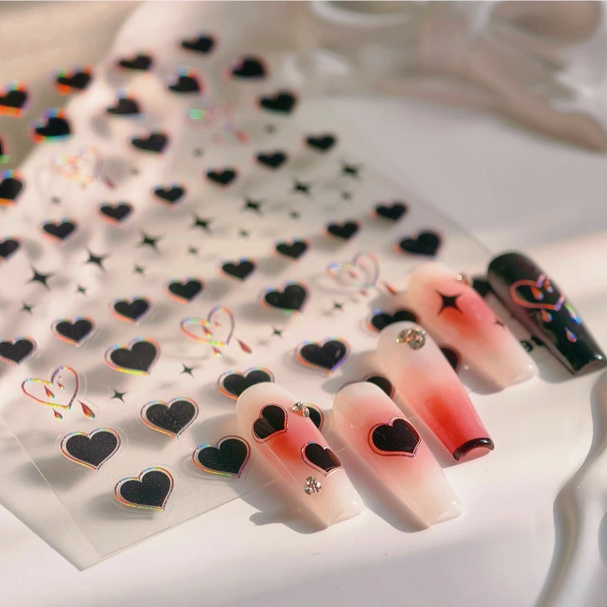 สีดํา Punk Star Heart เลเซอร์จังหวะ Dark ลมเซ็กซี่หยดน้ํากาวที่ละเอียดอ่อนตกแต่งเล็บสติ๊กเกอร์เล็บ Decals