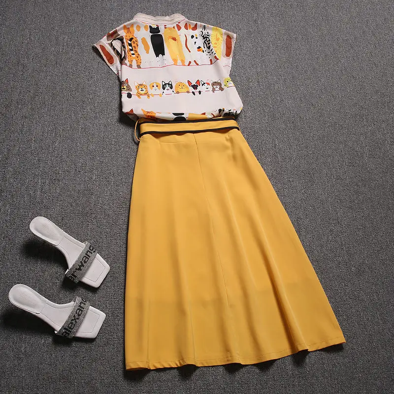 With Belt Summer Skirt Suit Women Short Sleeve Cartoon Print Blouses Tops And Spliced Slim Long Young Lady Skirts Suits Set NS74