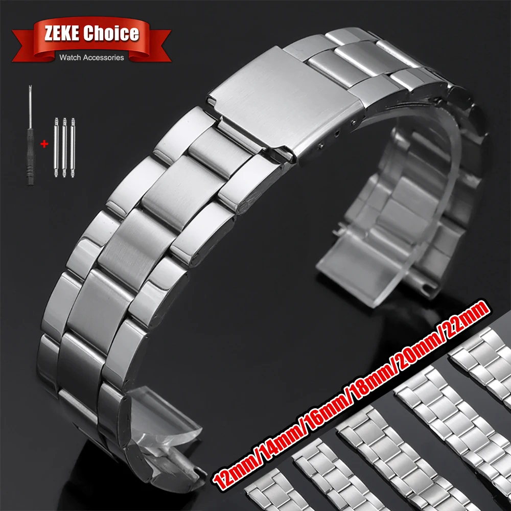 Silbernes Edelstahl-Uhrenarmband, 14 mm, 16 mm, 18 mm, 20 mm, 22 mm, Ersatzbänder, Metall-Faltschnallenarmband für Herren-Armband