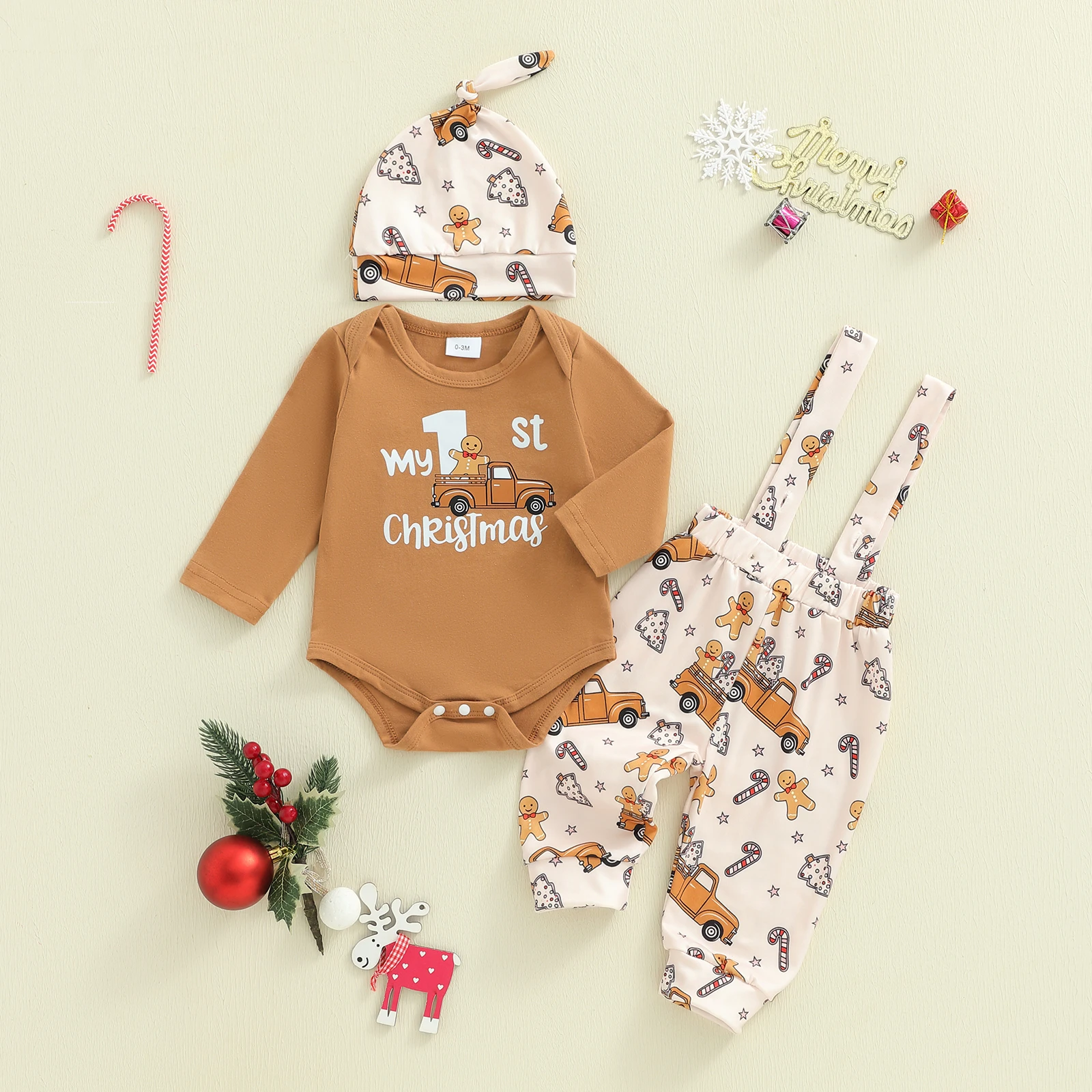 

0-18 Months Baby Boys 3PCS Outfit Sets Long Sleeve Crew Neck Romper Santa Claus/Gingerbread Print Pants Hat