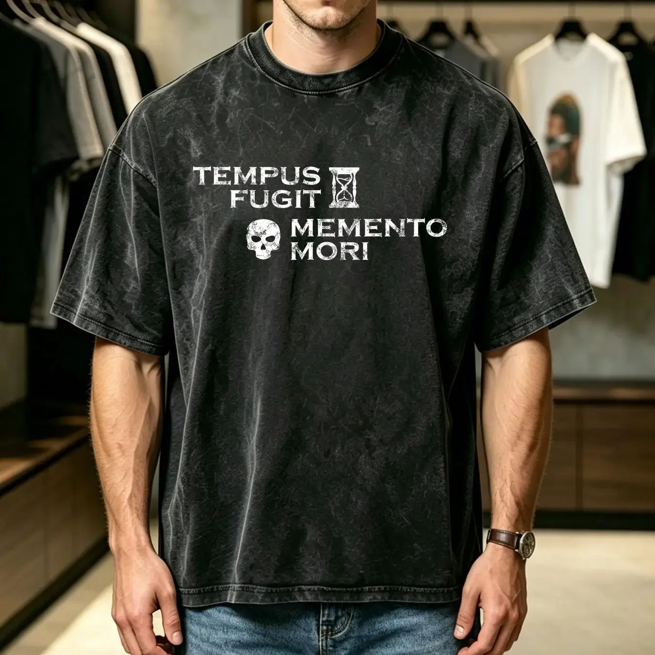 washed T Shirt Latin Phrase Tempus Fugit Memento Mori Size S 5XL vintage Washed streetwear Breathable designer clothes homme