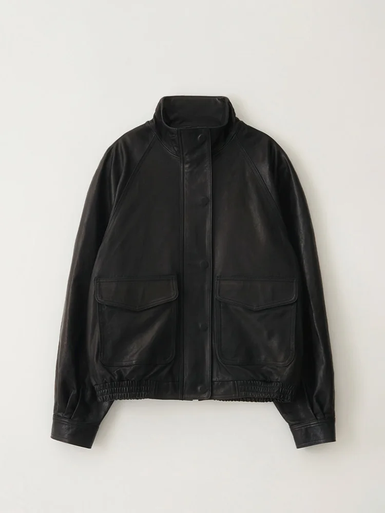 Women's Stand Collar Leather Jacket Early Spring Korean Style Small Size High End Feel PU Leather Coat Zipper Closure Long Sl...