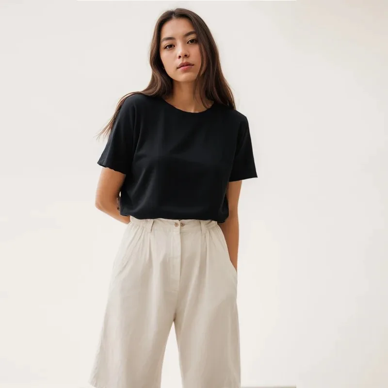 

Women's crew neck T-shirt, versatile solid color, thin cotton short-sleeve sports yoga top