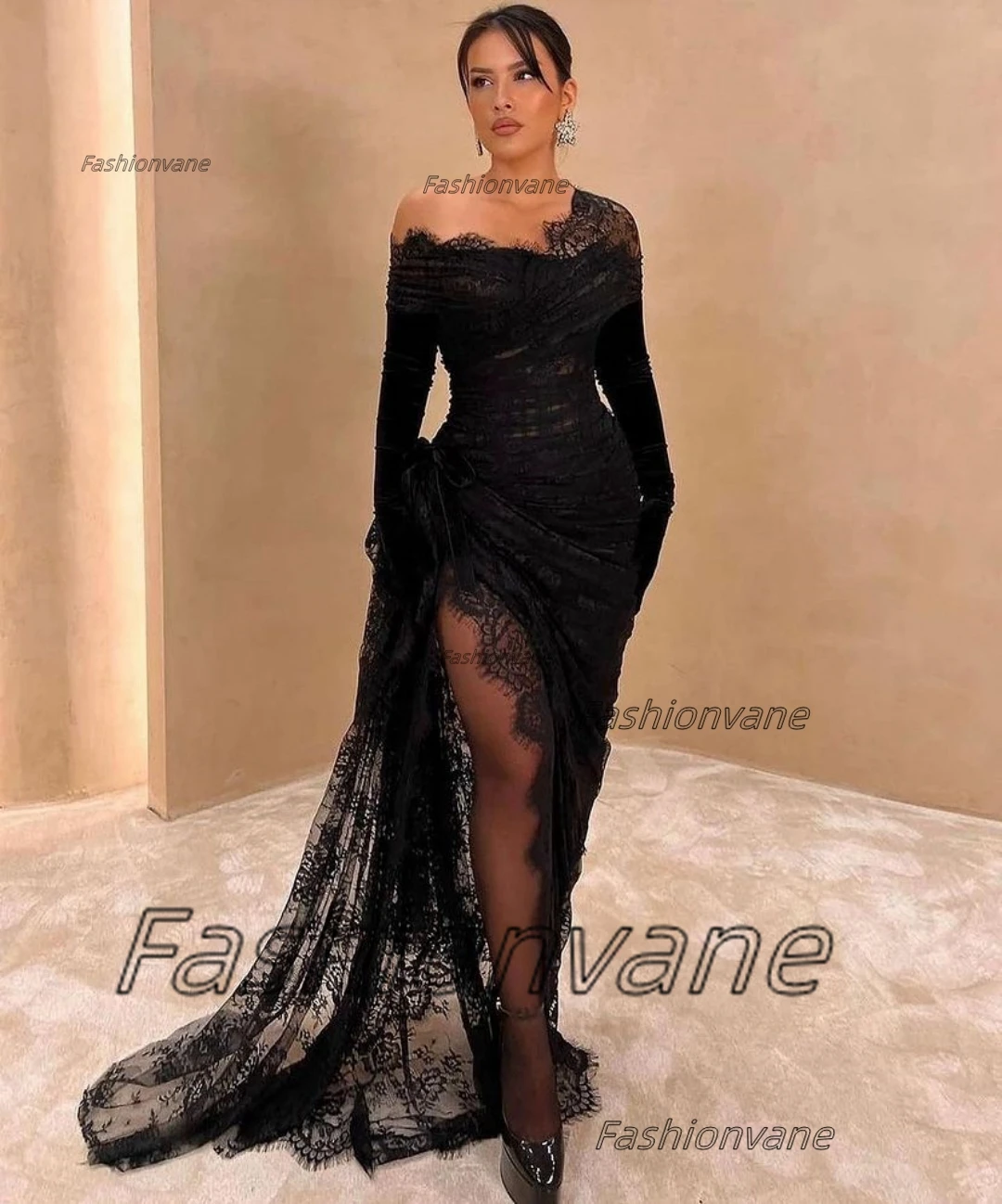 

Fashionvane High Side Black Lace Prom Dresses Ruched Off Shoulder Robe Des Cocktail Party Women Wear Long Gloves Evening Gowns