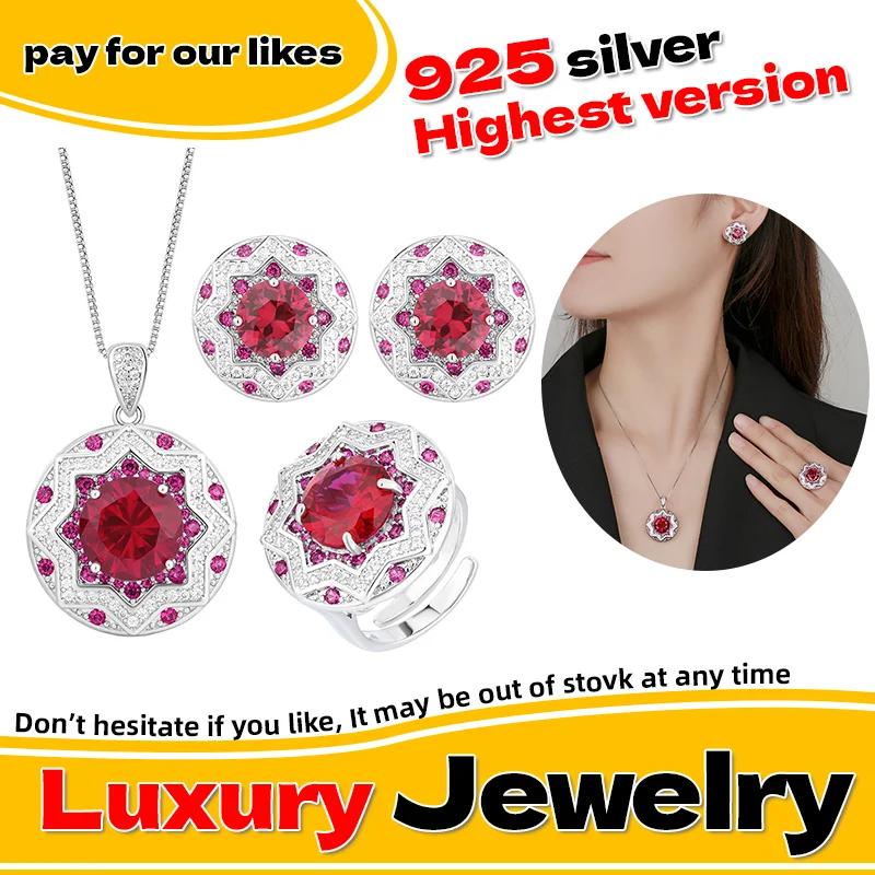 

S925 pure silver simulated red corundum round elegant luxury set necklace earrings ring fashionable full diamond inlaid ring