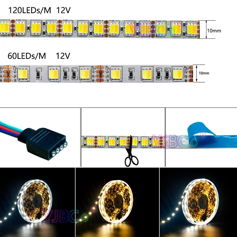 12V 24V DC 5M (Blanco + Blanco cálido) CCT 2 en 1 Cinta de tira LED 120leds/m o 60leds/m Barra de luz flexible SMD 5050 de doble color