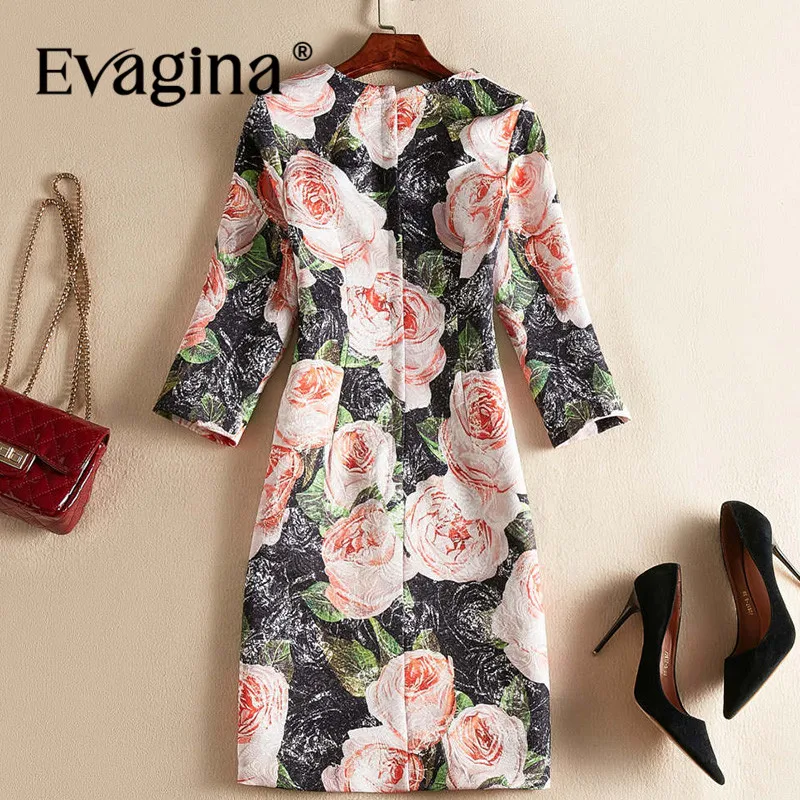 Evagina New Fashion Runway Designer Dress Women's Three Quarter Sleeve Rose Printing Pretty Slim-Fit Hip Wrap Mini Dresses