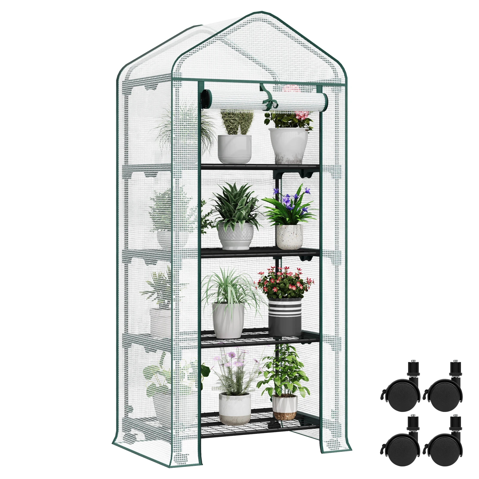 WOLTU 3/4 Regal-Gewächshaus mit Rädern und Rolltür, Outdoor-Winterschutzhaus für Blumen, Gemüse und Pflanzen, 70x50x130/163cm